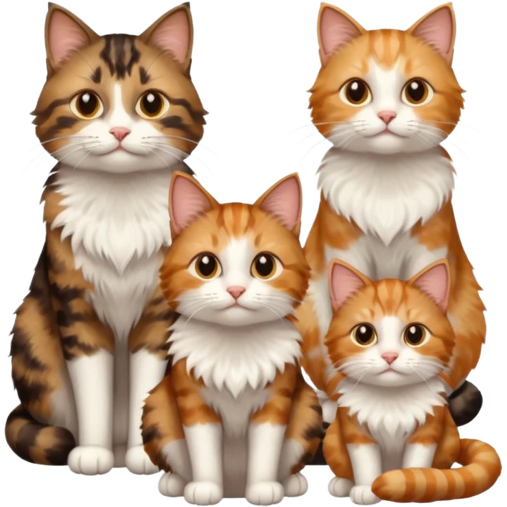 3 cats different colours including brown tabby and white, light patchy calico, and ginger and white emoji