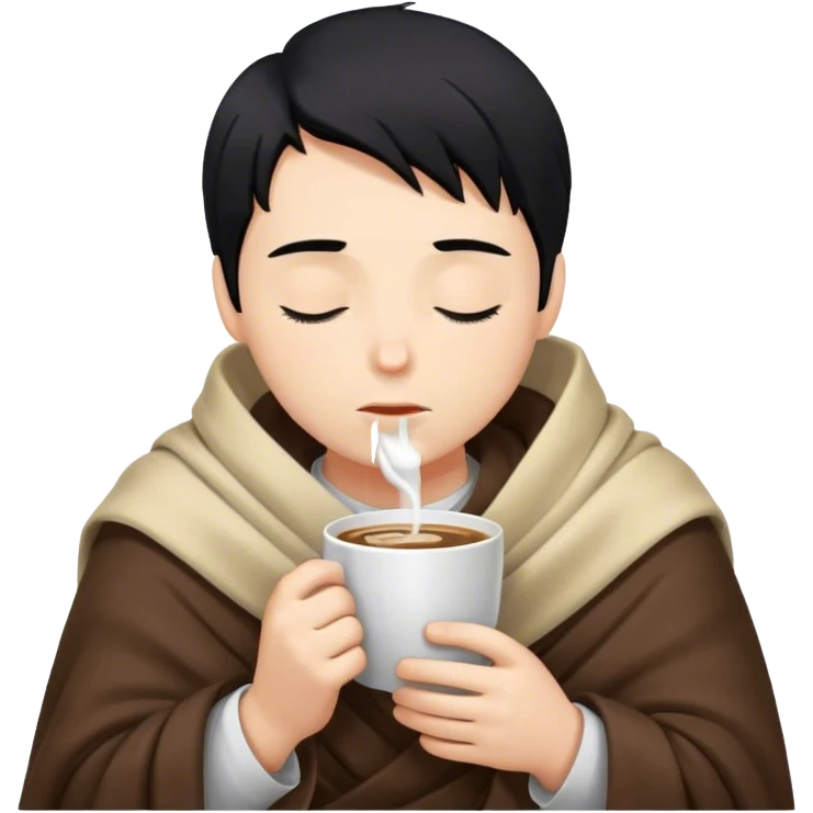 Blonde boy with black hair inside a blanket sipping coffee eyes closed emoji