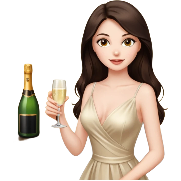 Sexy brunette woman long dark brown hair, hazel eyes, pale skin toasting with champagne emoji