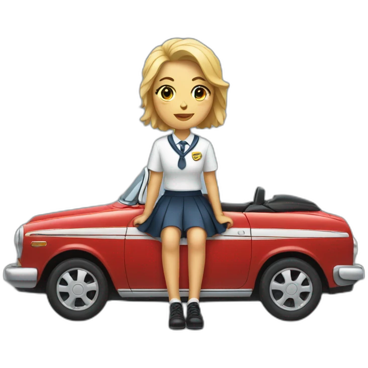 A woman in a school uniform sitting legs crossed on the hood of a car emoji
