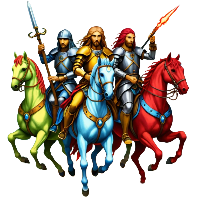 solarpunk ultra HD style, oil - The Four Horsemen of the Apocalypse, based on a graphic by Albrecht Dürer emoji