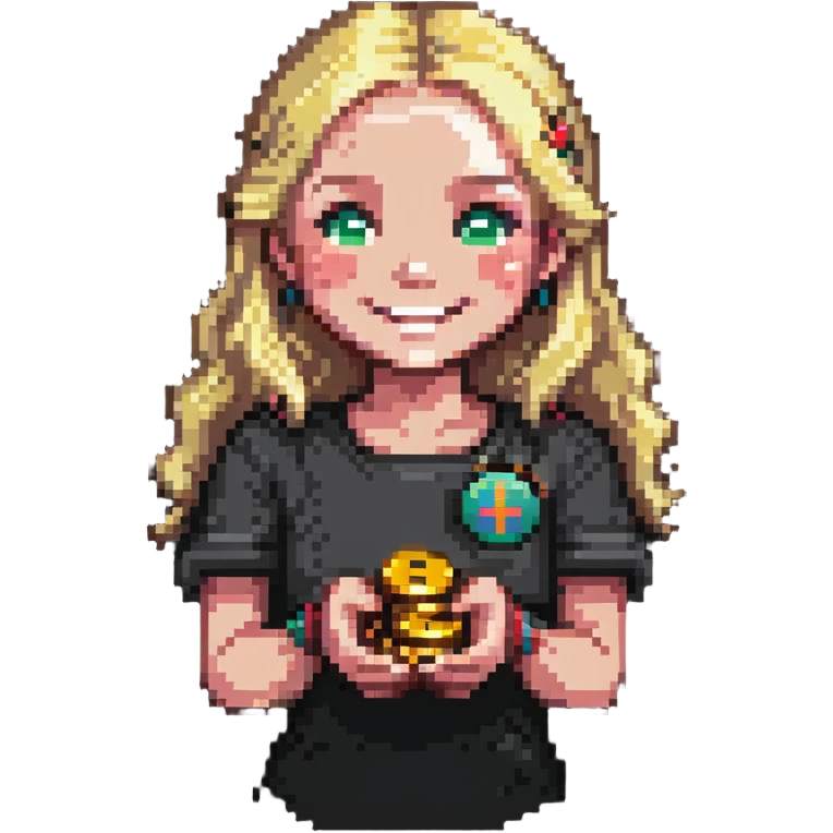 smiling blonde girl with coins emoji