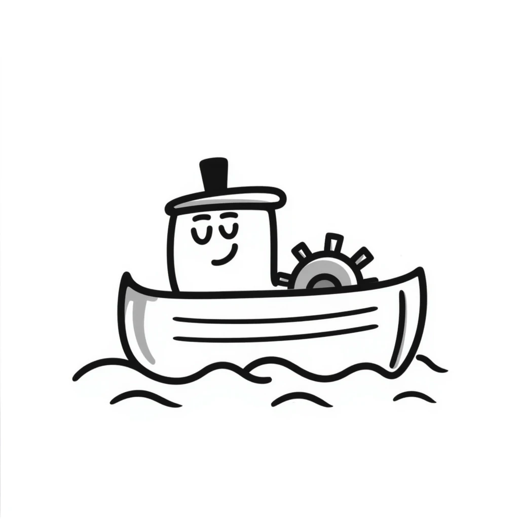 A hand-drawn toy paddleboat with a grinning face and little spinning wheels emoji