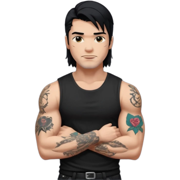 a guy with mullet and tattoos. Black hair.lean but Muscled. wearing a black sleeveless tee emoji