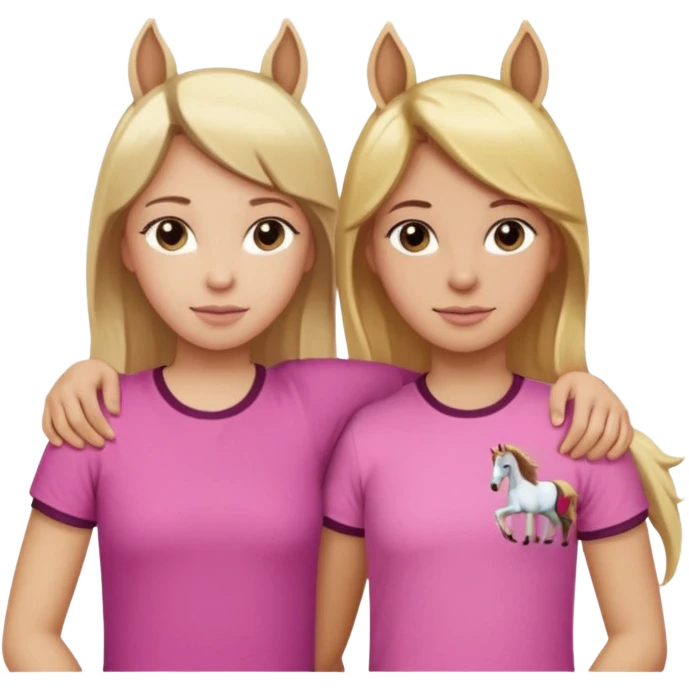 Two Girls with their arms around each other at summer camp one blonde one brown hair brown hair wearing pink horse shirt no horse ears emoji