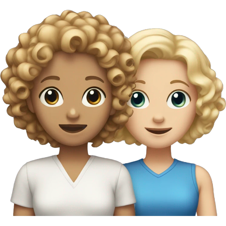2 friends, a brunette with curly hair, brown eyes and a blonde with short hair, blue eyes emoji