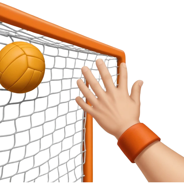 A close-up of a hand gripping a handball, with the goalposts visible in the background. The focus is on the texture of the ball and the strength of the grip, with the goal net slightly blurred to emphasize the anticipation of the throw. emoji