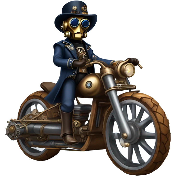 Old west Bounty hunter C-3PO wearing a pair of navy-blue rimmed steampunk goggles, hat, leather chaps, fringe jacket riding a fast sporty 3 wheeler trike steampunk motorcycle in desert town  emoji