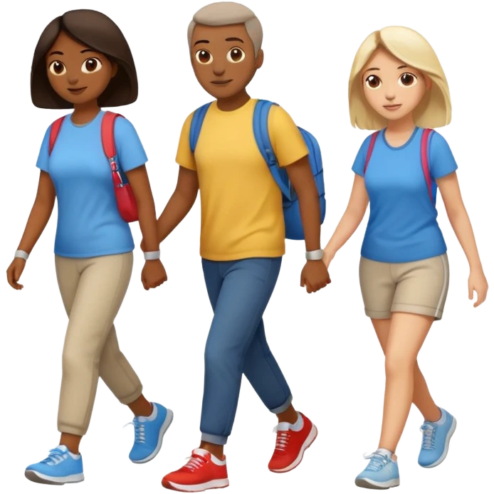 iOS emoji style - a men and 2 women in casual clothes and wearing trainers - friends walking quickly together

 emoji