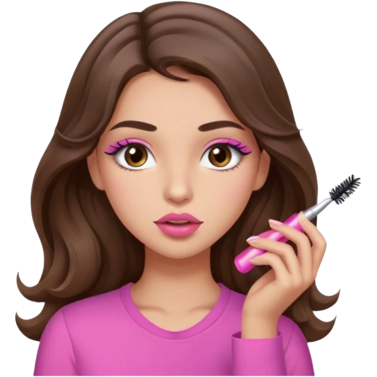 girl with long wavy brown hair, brown eyes, light to medium complexion, in a pink shirt, pink lips, long lashes, puckered lips, putting on mascara emoji