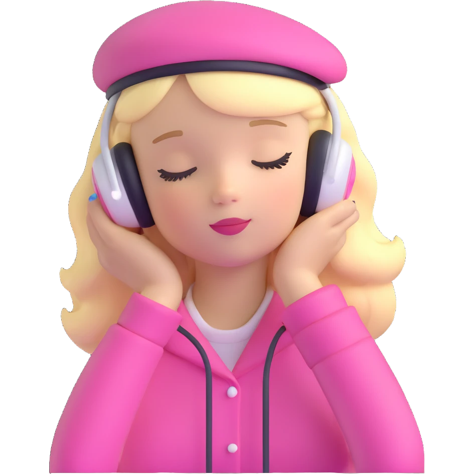 blonde American girl wearing a pink beret and AirPods Max headphones, listening to music with closed eyes emoji