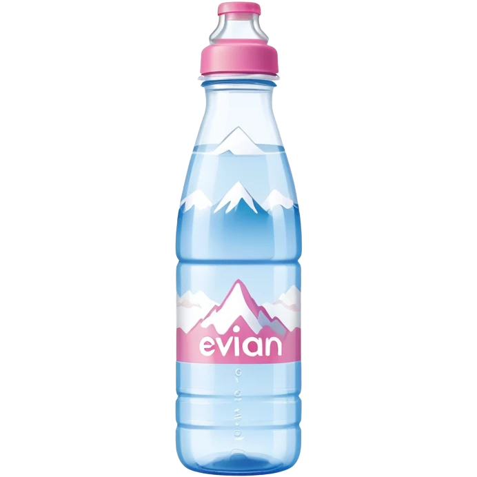 Evian branded water bottle with pink cap, clear plastic bottle showing the distinctive Evian mountain logo emoji