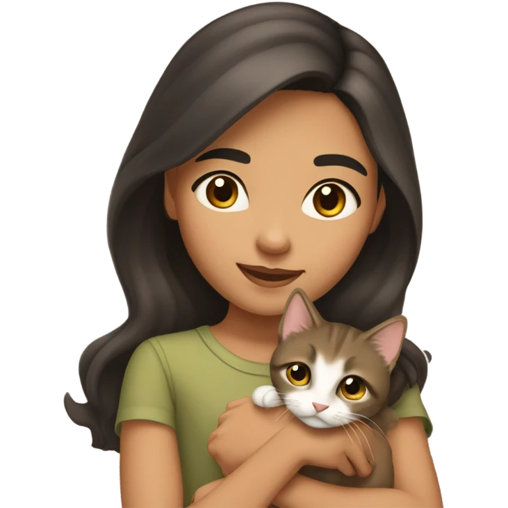 14 year old Eurasian girl with dark brown hair neutral tan olive skin long brown hair and brown eyes with arched brows holding a kitten emoji
