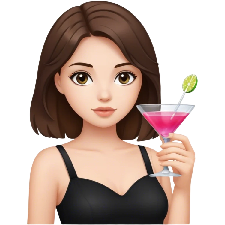 brunette hair down girl black top holding a cosmo emoji