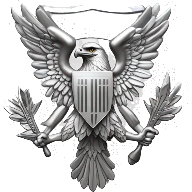 Create an emoji of a silver US Army O-6 Colonel insignia: a detailed silver eagle with outstretched wings, clutching arrows and bearing a shield on its chest. Ensure the background is transparent. The entire thing should be silver emoji