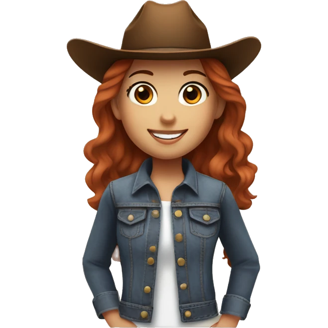 Girl with short red hair, with brown eyes, smiling, wearing a denim jacket and black shirt and brown cowgirl hat, next to her brown horse that has a white hair and spot on her forehead. emoji