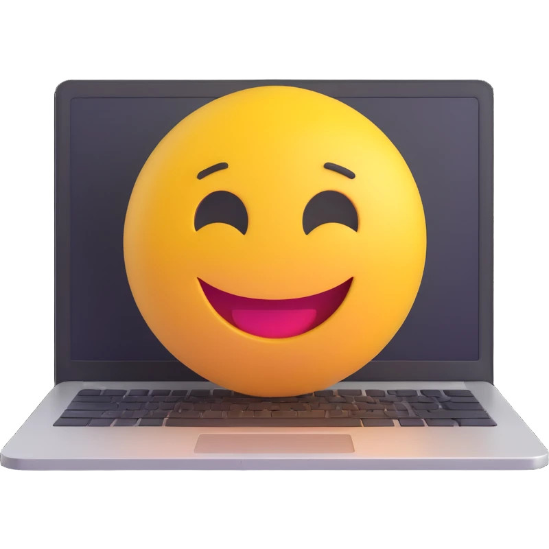 3D smiley emoji, round shape, student working on laptop, blue color, focused face emoji