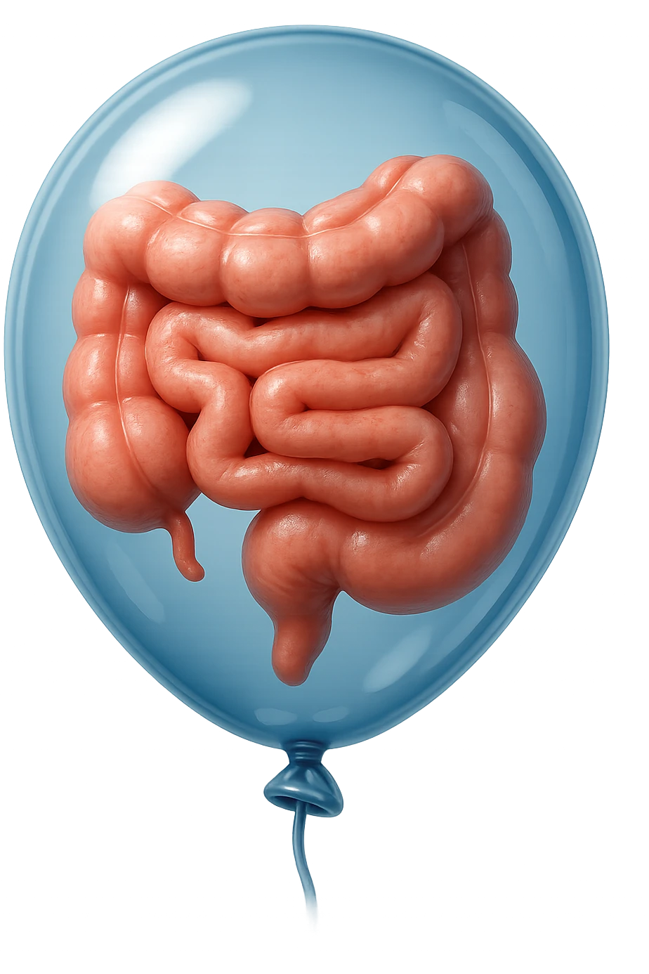 EMOJI STILE IPHONE 3D DI UN INTESTINO CHIUSO IN UN PALLONCINO CHE SIMBOLEGGIA GONFIORE, IPERREALISTICA 4K emoji