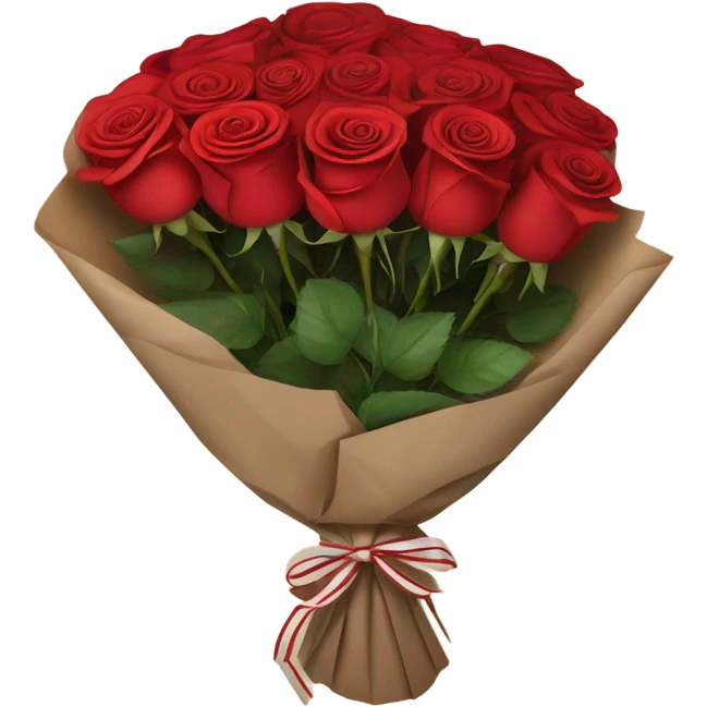 Rose bouquet wrapped in brown paper, red and white roses. The paper must show at the back and the bow must be brown emoji