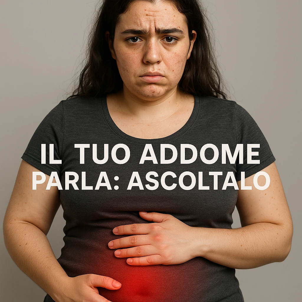 Primo piano di una donna con PCOS, sguardo preoccupato, pancia gonfia evidenziata da una luce rossa, testo in italiano: 'Il tuo addome parla: ascoltalo', sfondo neutro, qualità 4K emoji