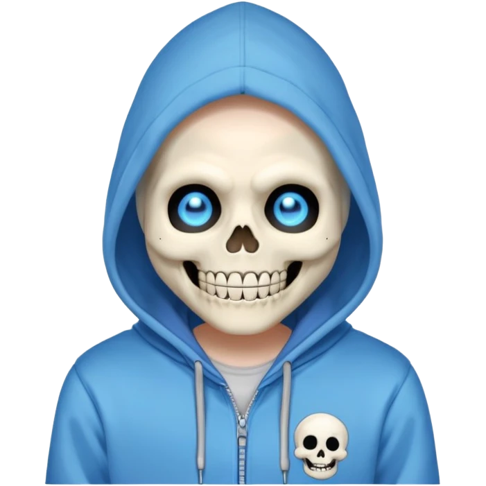 Sans from Undertale with glowing blue eye, skeleton with permanent grin, wearing blue hoodie emoji