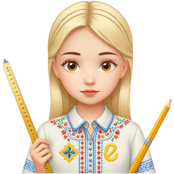A Ukrainian girl in an embroidered shirt holds a ruler and the number “7” emoji