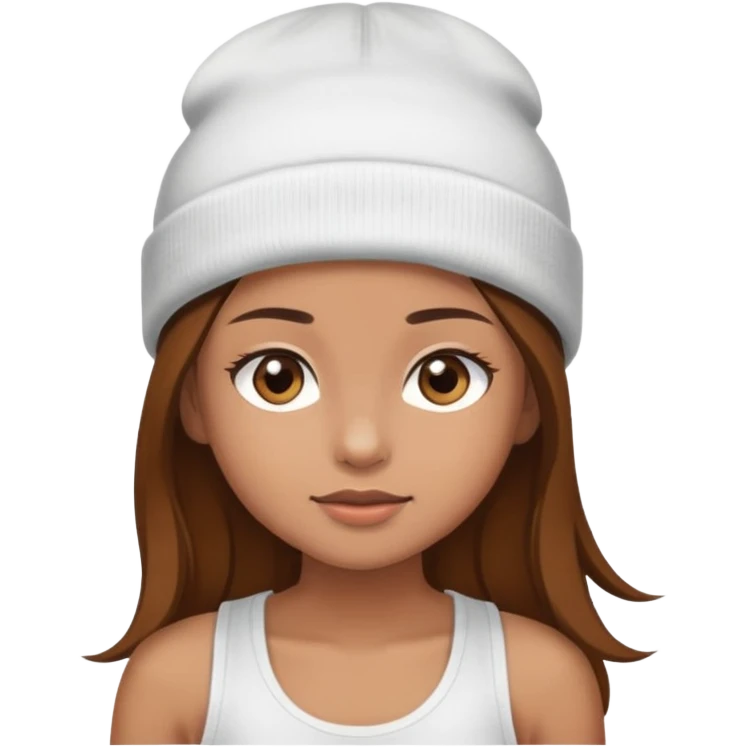 Girl with light brown skin hazel eyes long brown hair wearing a white tank top and beanie emoji
