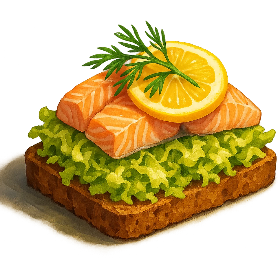 В слега рисованном, но при этом ярком и объемном стиле сгенерируй картинку сочного смёрребрёда c капустой, рыбой, профессионально выставленный свет, который подчеркивает объем, прозрачный фон emoji