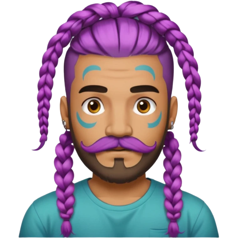 big lose braids starting from the top sides of the head hair like a unicorn man with mustache face wiith big visible loose only two braids and lots and lots of colored face tattoos colored tattoos like a tattoo artist hair unique color and beard emoji