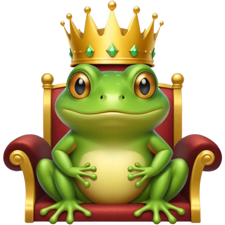 A frog wearing a crown, confidently sitting on a golden throne, portrait, bust up emoji