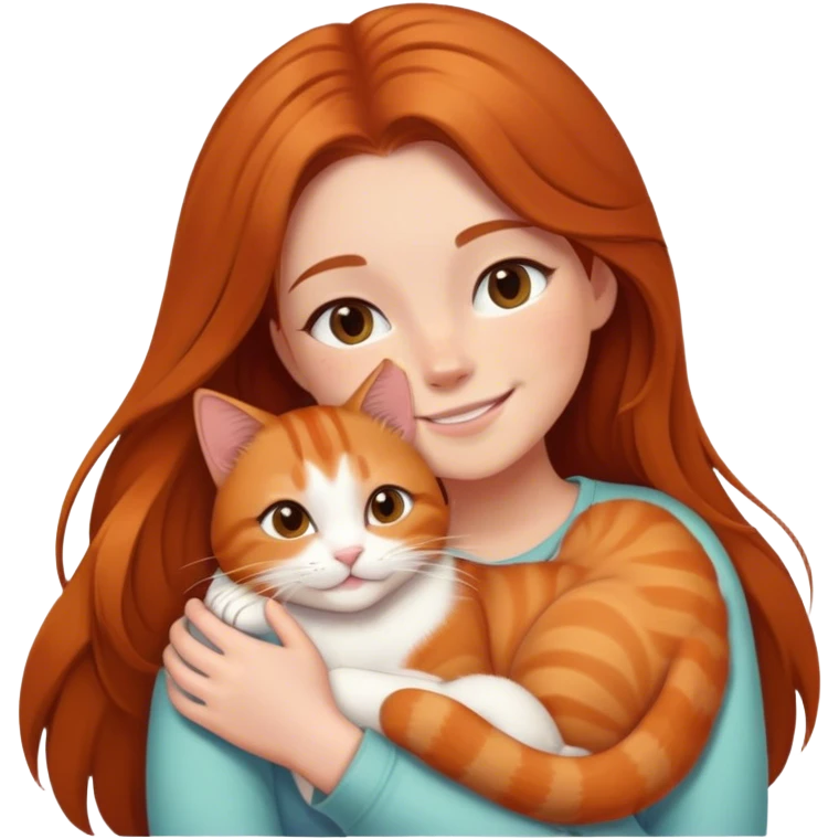 smiling girl with long hair cuddling a ginger cat with white paws  emoji