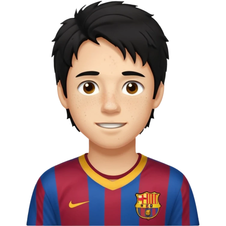 Un chico con pelo largo, desordenado y negro, tiene pecas, brackets, ojos cafés oscuros y con una camisa del Barcelona emoji