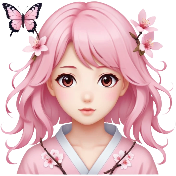 A Gorgeous Beautiful Anime Lady Sakura Cherry Blossom and Pretty Hair, pastelcore aesthetic, pastel pink and white, butterfly emoji