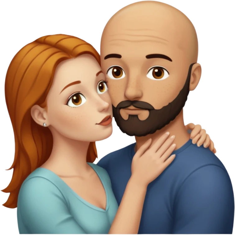 Couple. Bald man with dark brown-black beard. White woman with many small, faded freckles, she has white skin and she has auburn-yellow-brown-cinnamon, dark long hair. She has light brown eyes. The man have hazel eyes. Retro style. They kiss. emoji