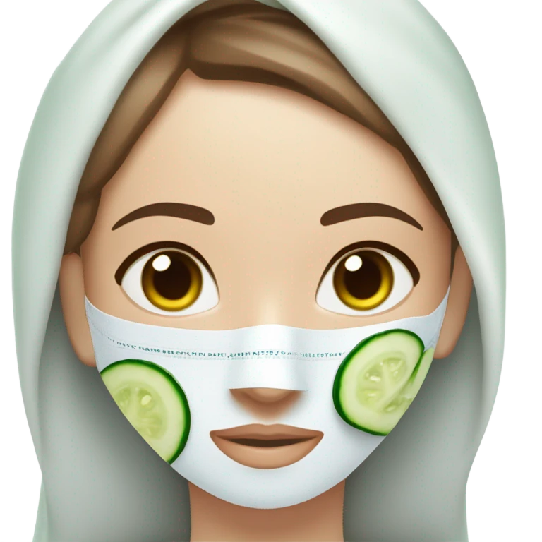 Girl with freackles Brown hair white skin and blue eyes wears Green colored texture skin care mask all over her face while She relaxes and puts two round piece of cucumber on her closed eyes In a white Robe emoji