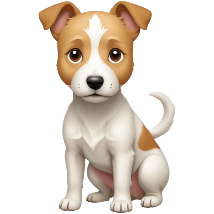 a full body facing front on of a buff white parson russell terrier looking dog the size of a kelpie with light brown long ears resting on its face and a light brown patch above one eye and a large snout. the rest of the dog is completely white.  emoji