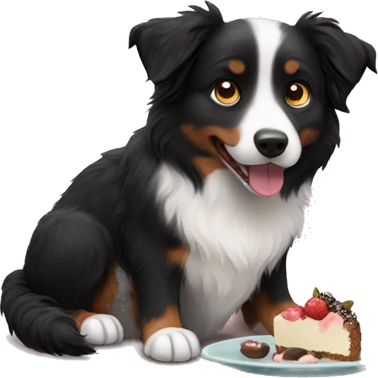 Small black australian shepherd dog eating dessert  emoji