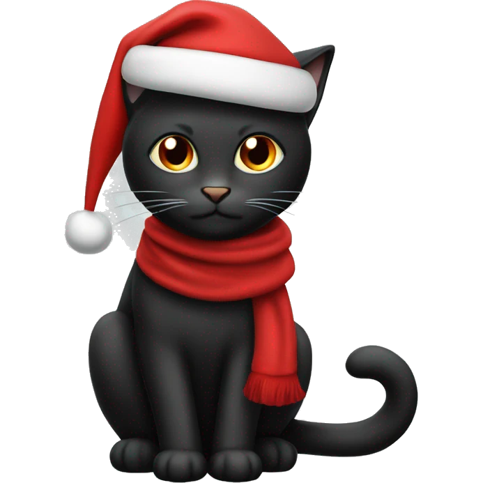 black cat with a red santa hat and a red scarf emoji