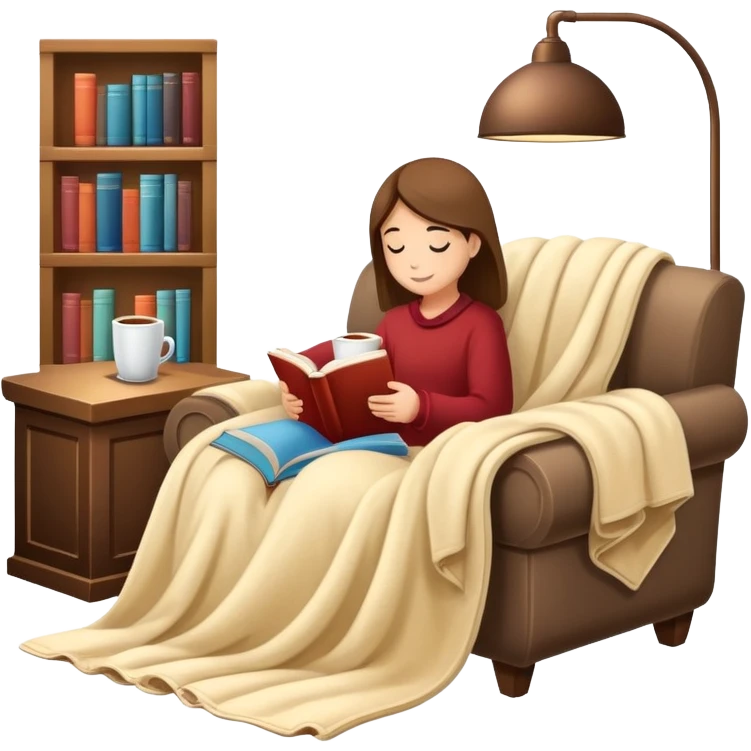 cozy reading nook with blanket, book, and hot drink emoji