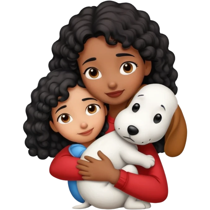 Girl with brown skin and curly black hair hugging snoopy emoji