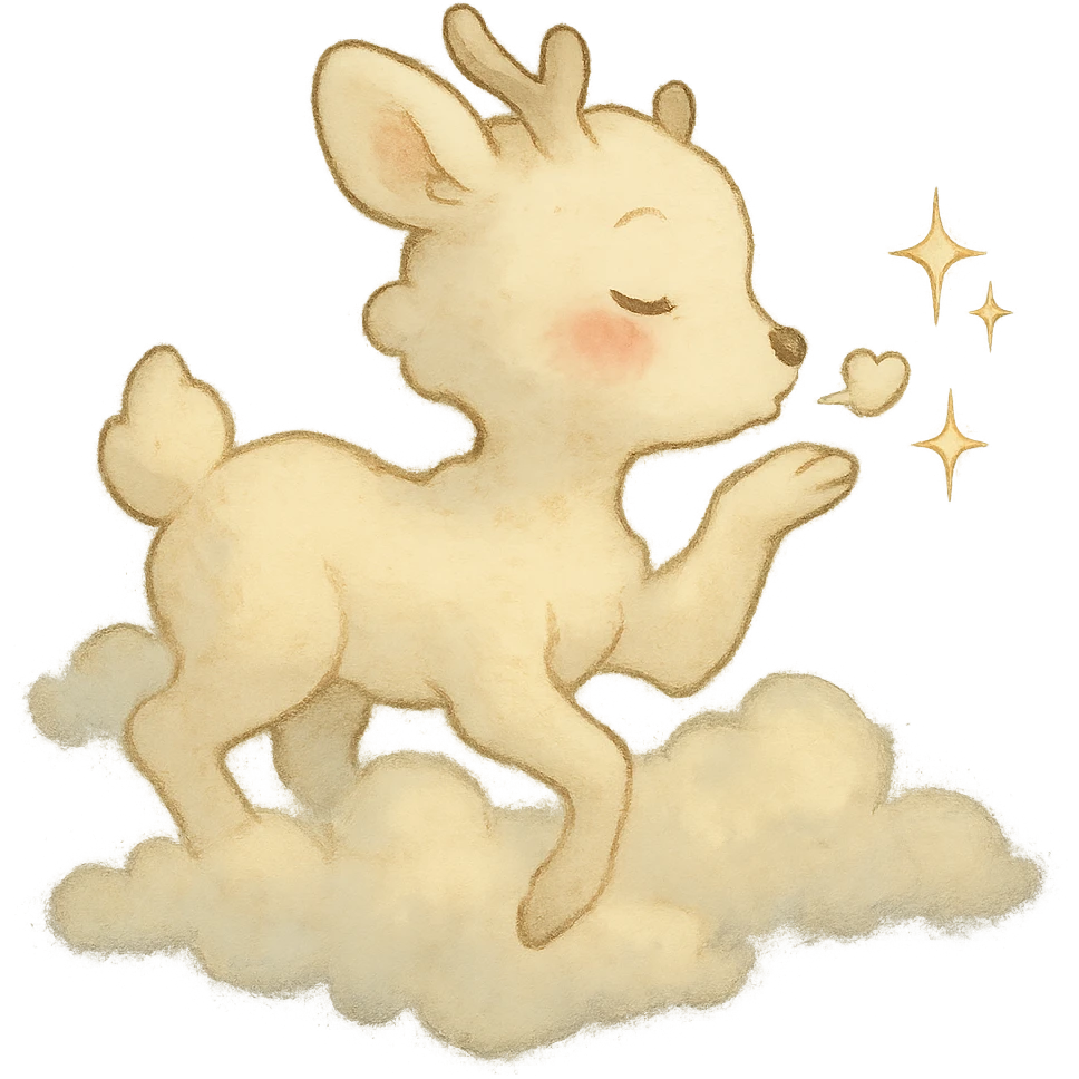 vanilla-colored cloud doe with rosy cheeks, floating, blowing a kiss with sparkles, soft and dreamy ghibli style emoji