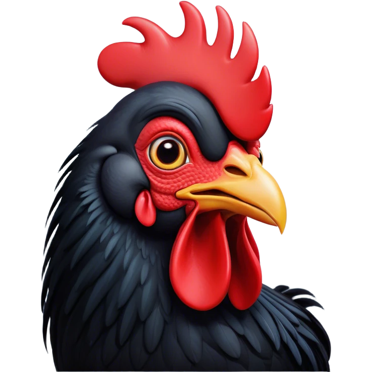 Cinematic Comical Black Rooster Portrait Emoji, Head tilted dramatically with an exaggeratedly shocked or amused expression, featuring a striking pure black plumage with a bold red comb, wide, expressive eyes filled with playful disbelief, Simplified yet hilariously expressive features, highly detailed, glowing with a slightly sassy glow, high shine, dramatic yet playful, stylized with an air of cheeky mischief, bright and endearing, soft glowing outline, capturing the essence of a spirited and over-the-top rooster, so meme-worthy it feels like it could crow its way into internet fame instantly! emoji