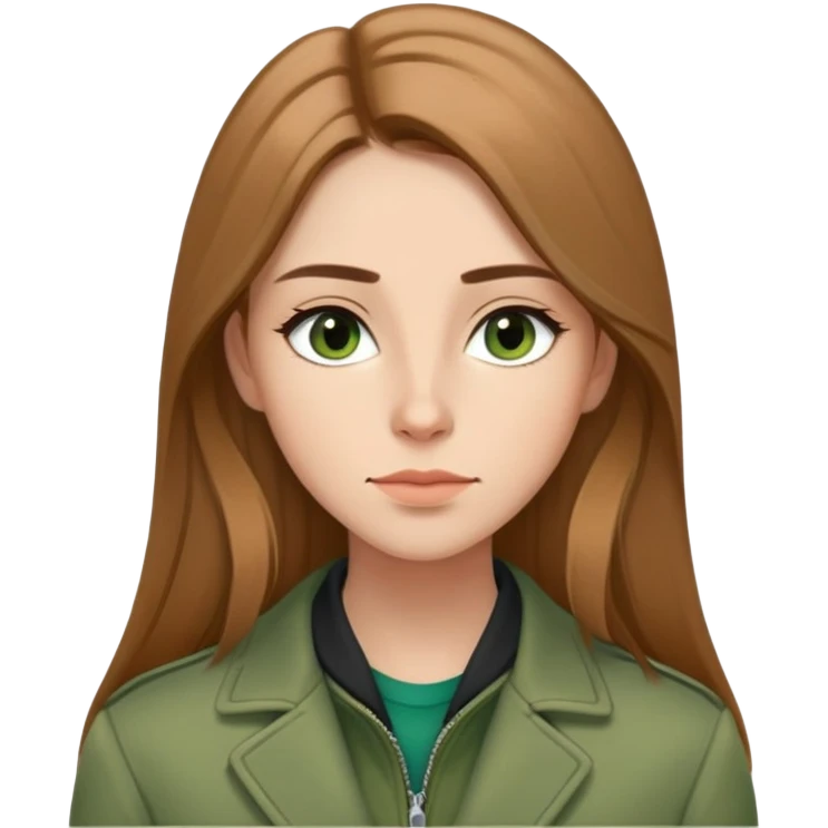 Caucasian girl with elongated face, soft jawline, long straight light brown hair with middle part, almond-shaped brown eyes with black eyeliner, thoughtful expression with slight smile, wearing green jacket emoji