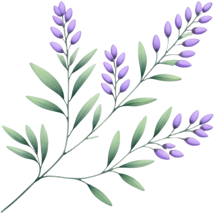 simple flower branches. The art style is clean line art with delicate watercolor textures, pastel colors, and a dominant palette of lavender, soft lilac, and muted purple. emoji