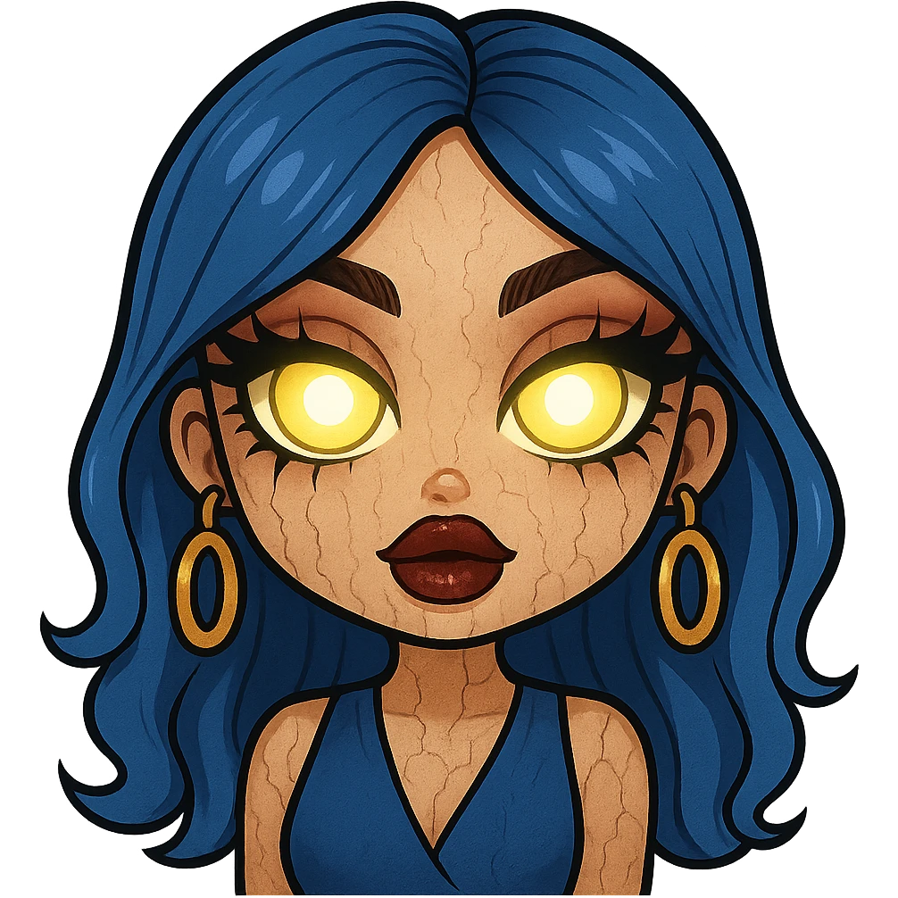 Add glowing eyes to the character, keep the creepy gyaru style with blue hair and pretty makeup, bratz baddie vibe, in emoji style with no background. emoji