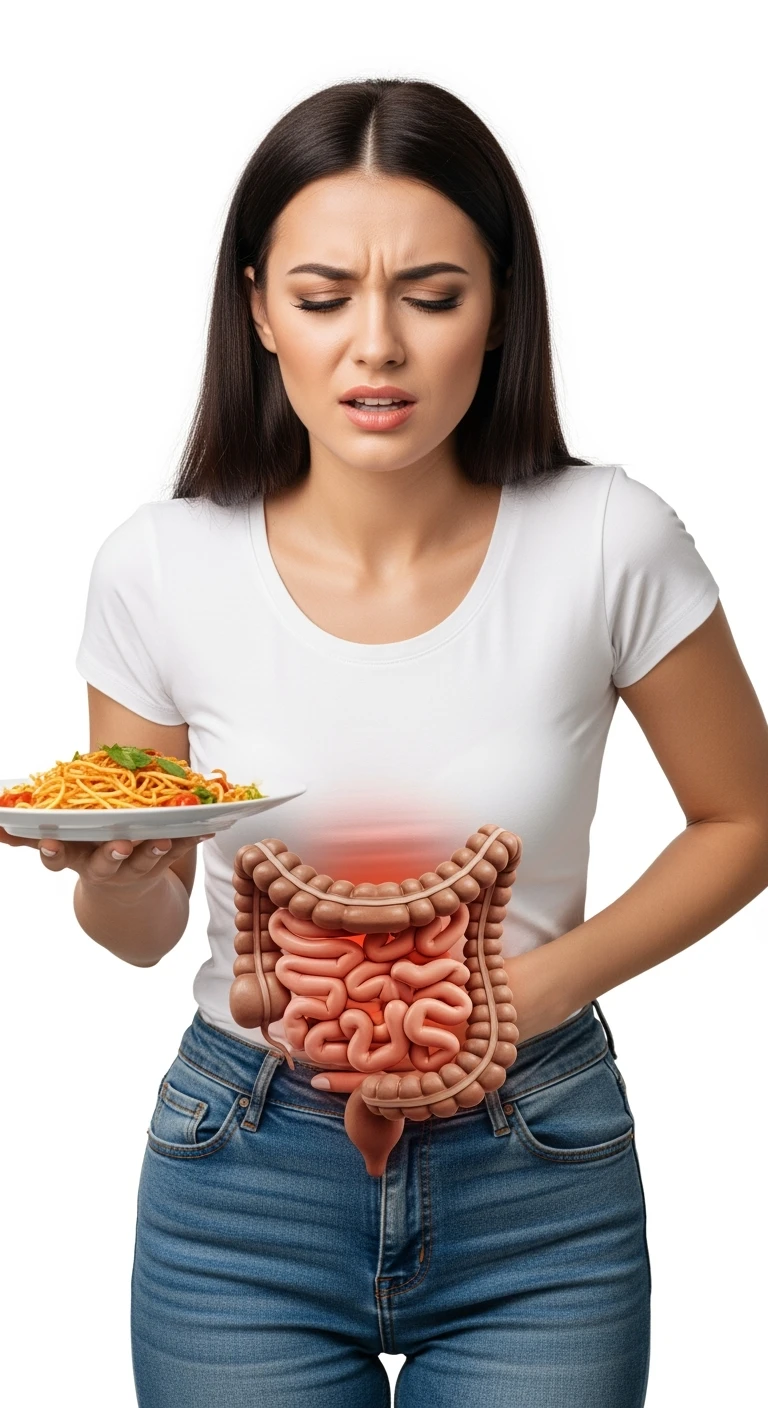 DONNA CHE TIENE UN PIATTO DI PASTA IN MANO MANGIATO PER METà, HA MAL DI PANCIA E INTESTINO UMANO ANATOMICO REALISTICO IN EVIDENZA, iperrealistico 4k, ISOLATA SU SFONDO BIANCO emoji