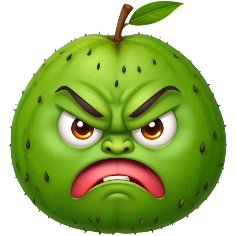 Angry guava fruit character with furrowed eyebrows and grumpy expression emoji