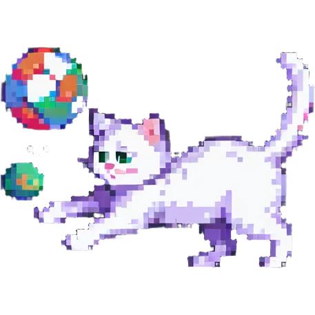 a playful cat chasing a ball, pixel art style emoji