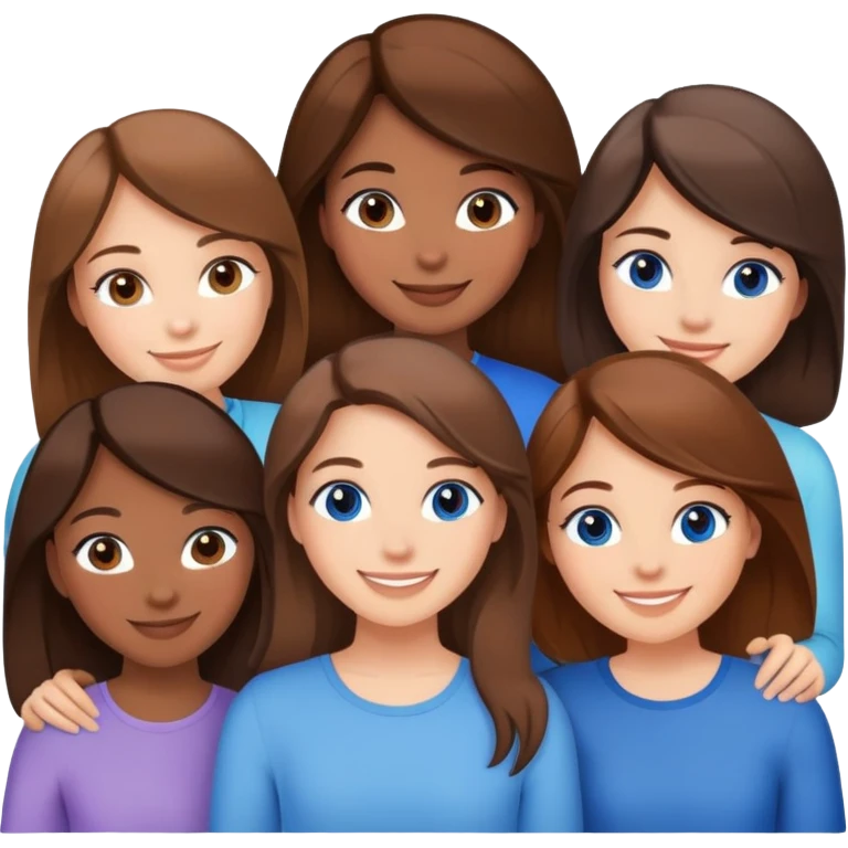 six girl friends together: 1 with brown hair, blue eyes, light skin; 2 with brown hair, brown eyes, medium skin; 1 with blond hair, brown eyes, light skin; 2 with brown hair, brown eyes, light skin emoji