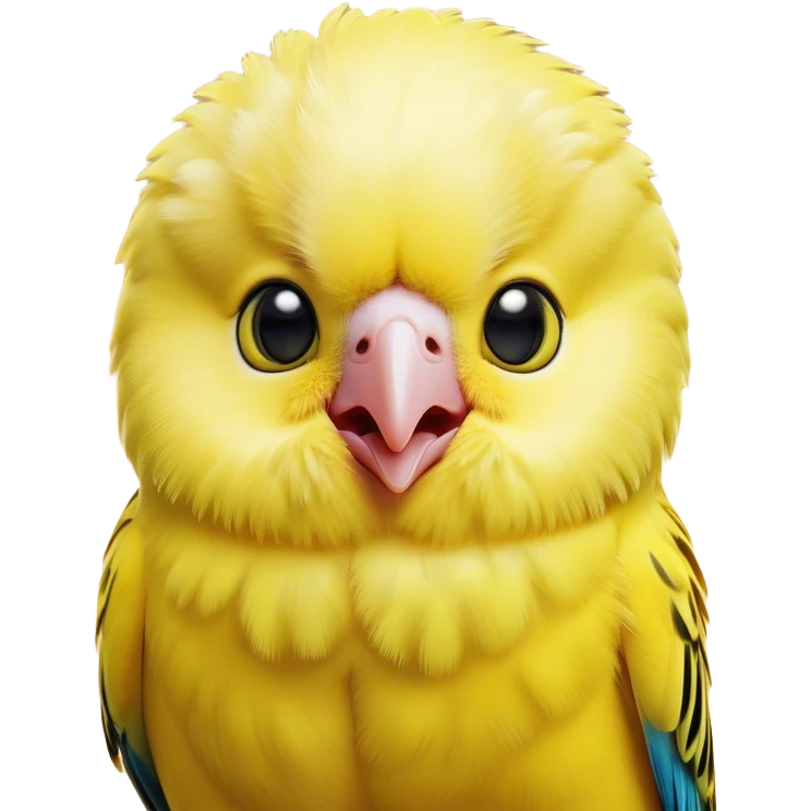 Cinematic Comical Yellow Budgie Portrait Emoji, Head tilted dramatically with an exaggeratedly amused expression, featuring a striking yellow feathered fur with a glossy finish, wide, expressive dark eyes filled with playful disbelief, Simplified yet hilariously expressive features, highly detailed, glowing with a slightly sassy glow, high shine, dramatic yet playful, stylized with an air of cheeky mischief, bright and endearing, soft glowing outline, capturing the essence of a spirited and over-the-top budgie, so meme-worthy it feels like it could side-eye its way into internet fame instantly! emoji